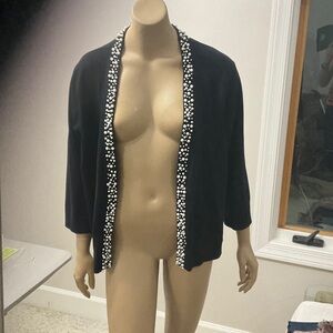 Black Open Front Cardigan with Pearl Trim
